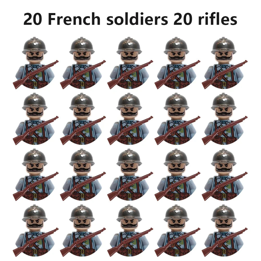 WWII Military Minifigures – 20-Pack Soldiers from Various Nations – Lego Compatible Army Figures with Weapons & Gear