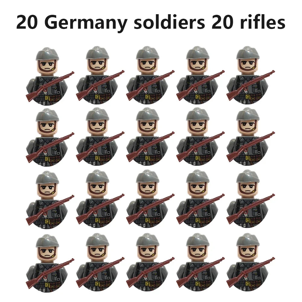 WWII Military Minifigures – 20-Pack Soldiers from Various Nations – Lego Compatible Army Figures with Weapons & Gear