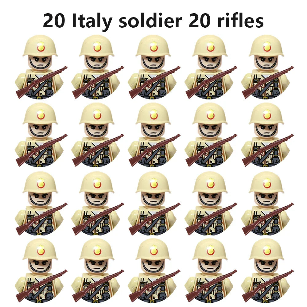 WWII Military Minifigures – 20-Pack Soldiers from Various Nations – Lego Compatible Army Figures with Weapons & Gear
