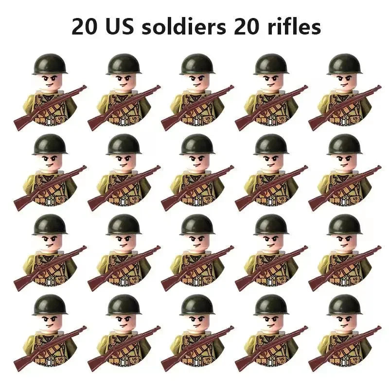 WWII Military Minifigures – 20-Pack Soldiers from Various Nations – Lego Compatible Army Figures with Weapons & Gear