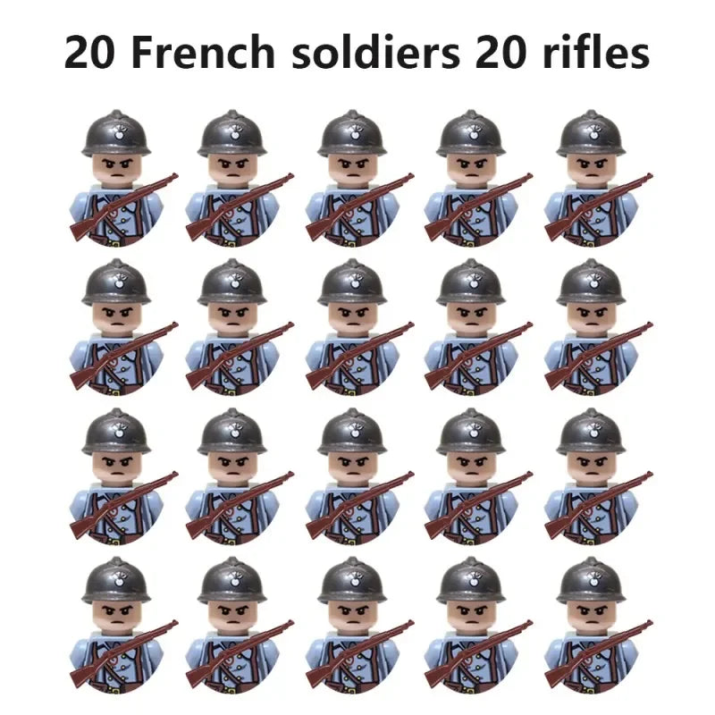 WWII Military Minifigures – 20-Pack Soldiers from Various Nations – Lego Compatible Army Figures with Weapons & Gear
