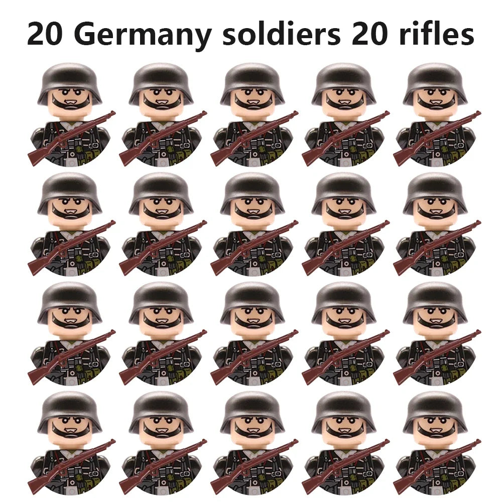 WWII Military Minifigures – 20-Pack Soldiers from Various Nations – Lego Compatible Army Figures with Weapons & Gear