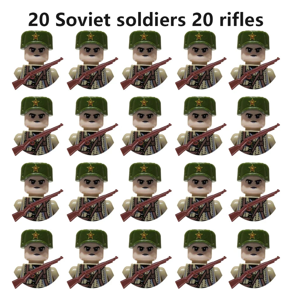 WWII Military Minifigures – 20-Pack Soldiers from Various Nations – Lego Compatible Army Figures with Weapons & Gear