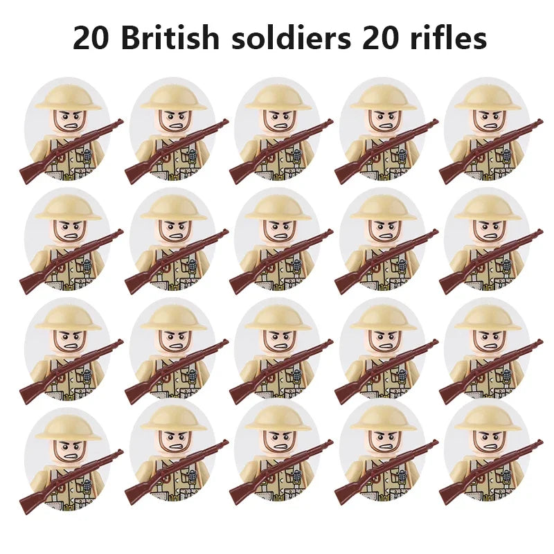 WWII Military Minifigures – 20-Pack Soldiers from Various Nations – Lego Compatible Army Figures with Weapons & Gear