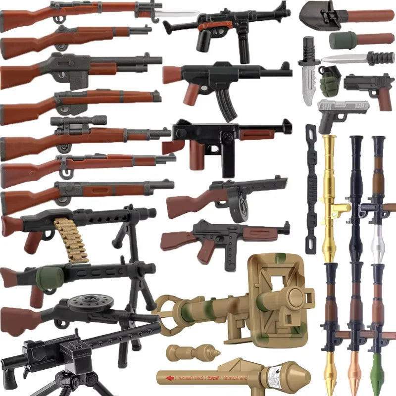 WW2 Soldiers Weapon Building Blocks Set – Two-Color Printed Rifles, Submachine Guns, Sniper Guns – Military Accessories for LEGO® Compatible Bricks – C238