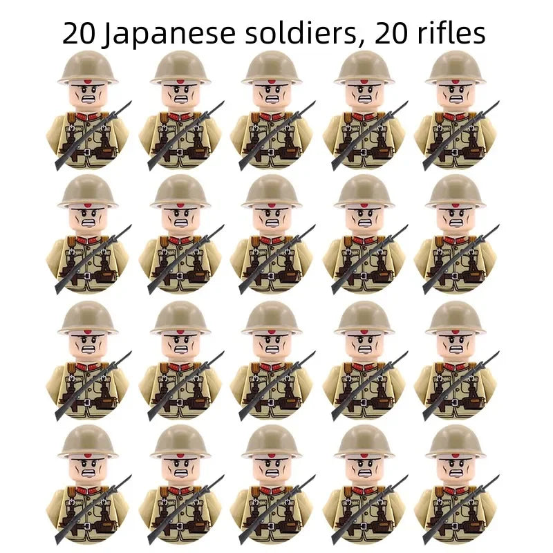 WWII Military Minifigures – 20-Pack Soldiers from Various Nations – Lego Compatible Army Figures with Weapons & Gear