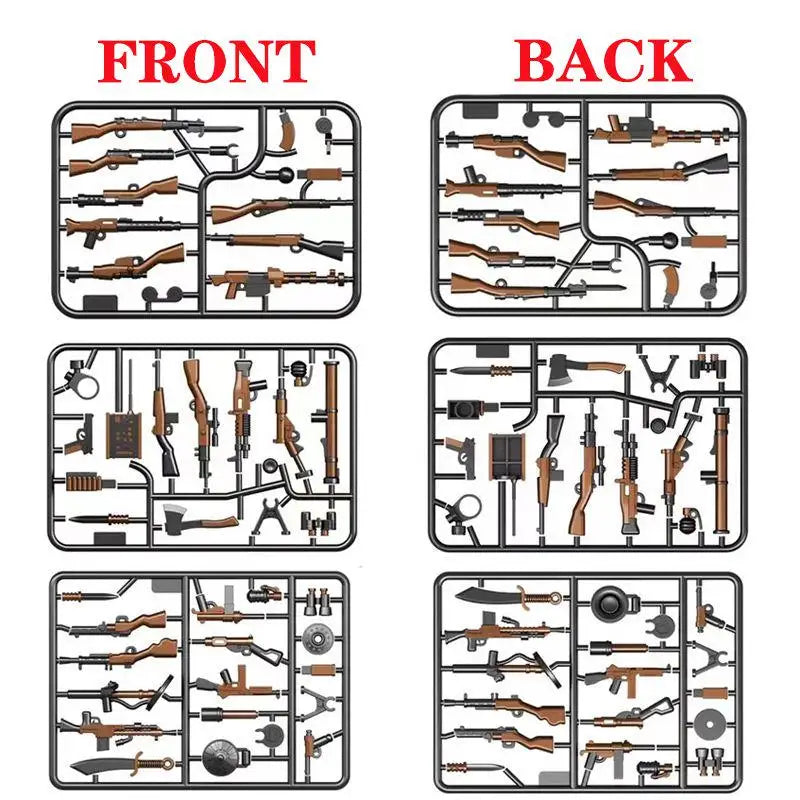 WW2 Soldiers Weapon Building Blocks Set – Two-Color Printed Rifles, Submachine Guns, Sniper Guns – Military Accessories for LEGO® Compatible Bricks – C238