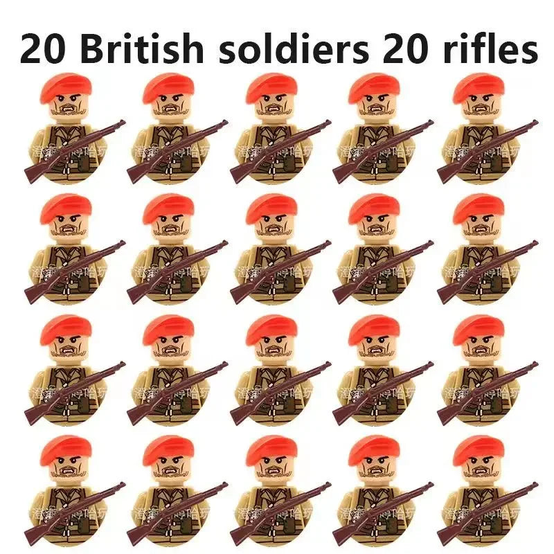WWII Military Minifigures – 20-Pack Soldiers from Various Nations – Lego Compatible Army Figures with Weapons & Gear