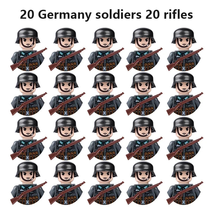 WWII Military Minifigures – 20-Pack Soldiers from Various Nations – Lego Compatible Army Figures with Weapons & Gear