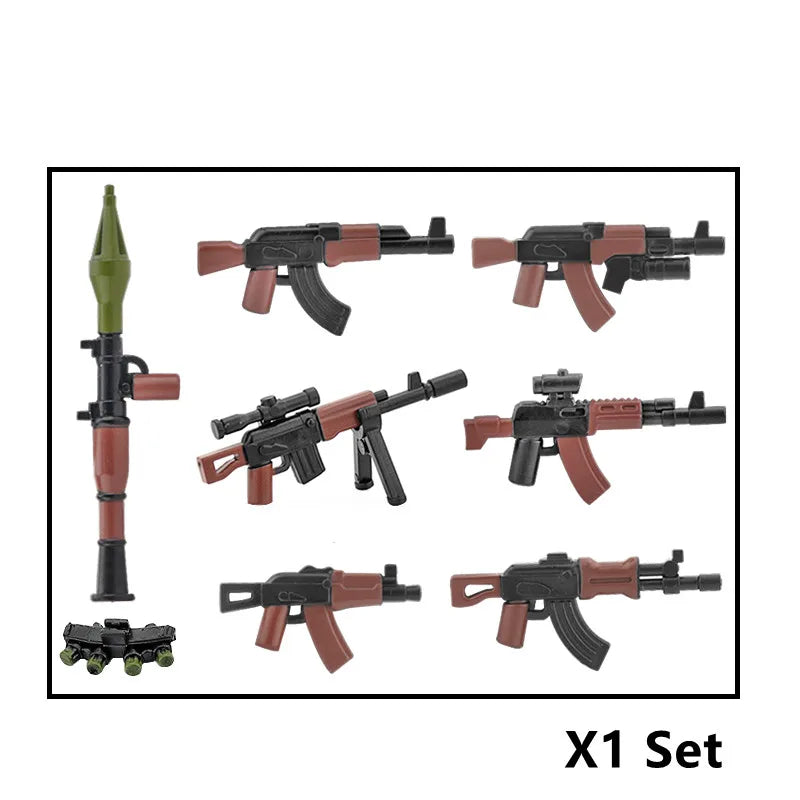 WW2 Soldiers Weapon Building Blocks Set – Two-Color Printed Rifles, Submachine Guns, Sniper Guns – Military Accessories for LEGO® Compatible Bricks – C238