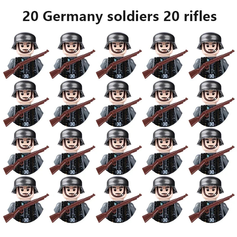WWII Military Minifigures – 20-Pack Soldiers from Various Nations – Lego Compatible Army Figures with Weapons & Gear