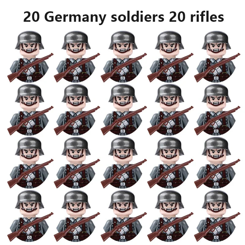 WWII Military Minifigures – 20-Pack Soldiers from Various Nations – Lego Compatible Army Figures with Weapons & Gear