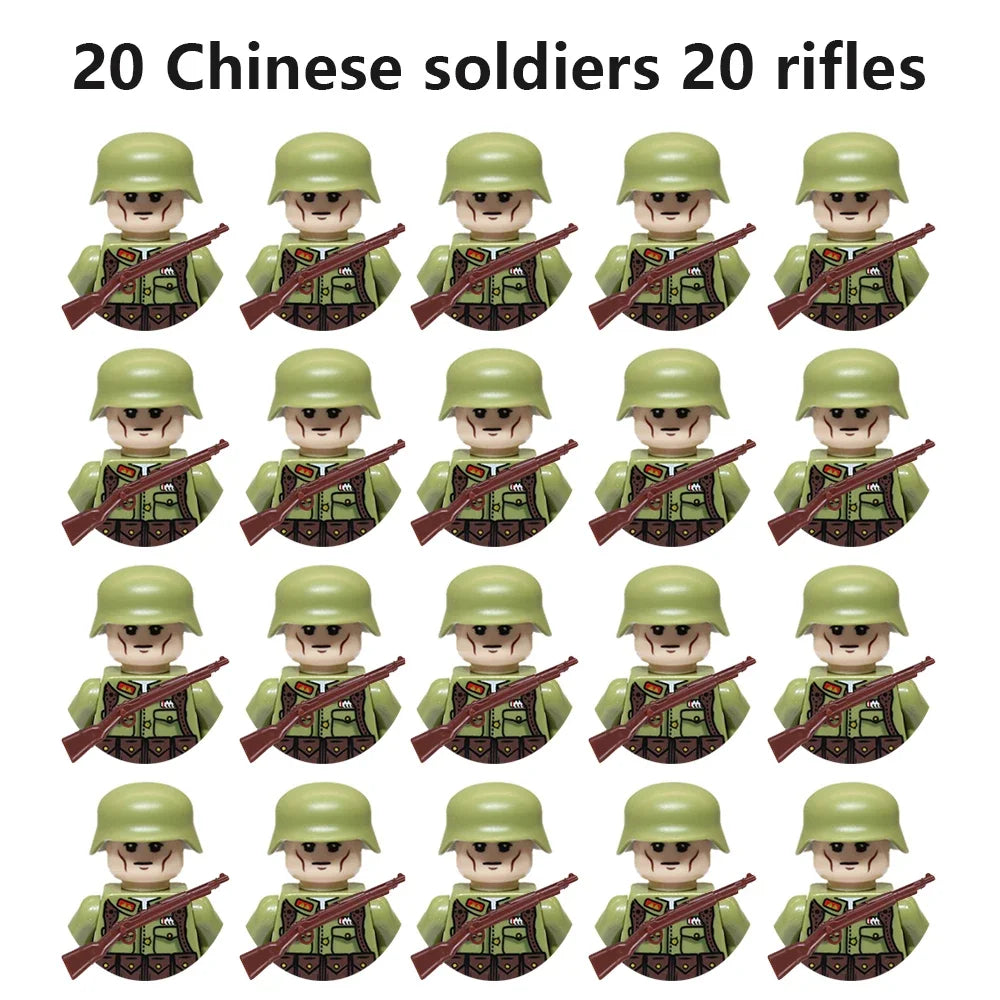 WWII Military Minifigures – 20-Pack Soldiers from Various Nations – Lego Compatible Army Figures with Weapons & Gear