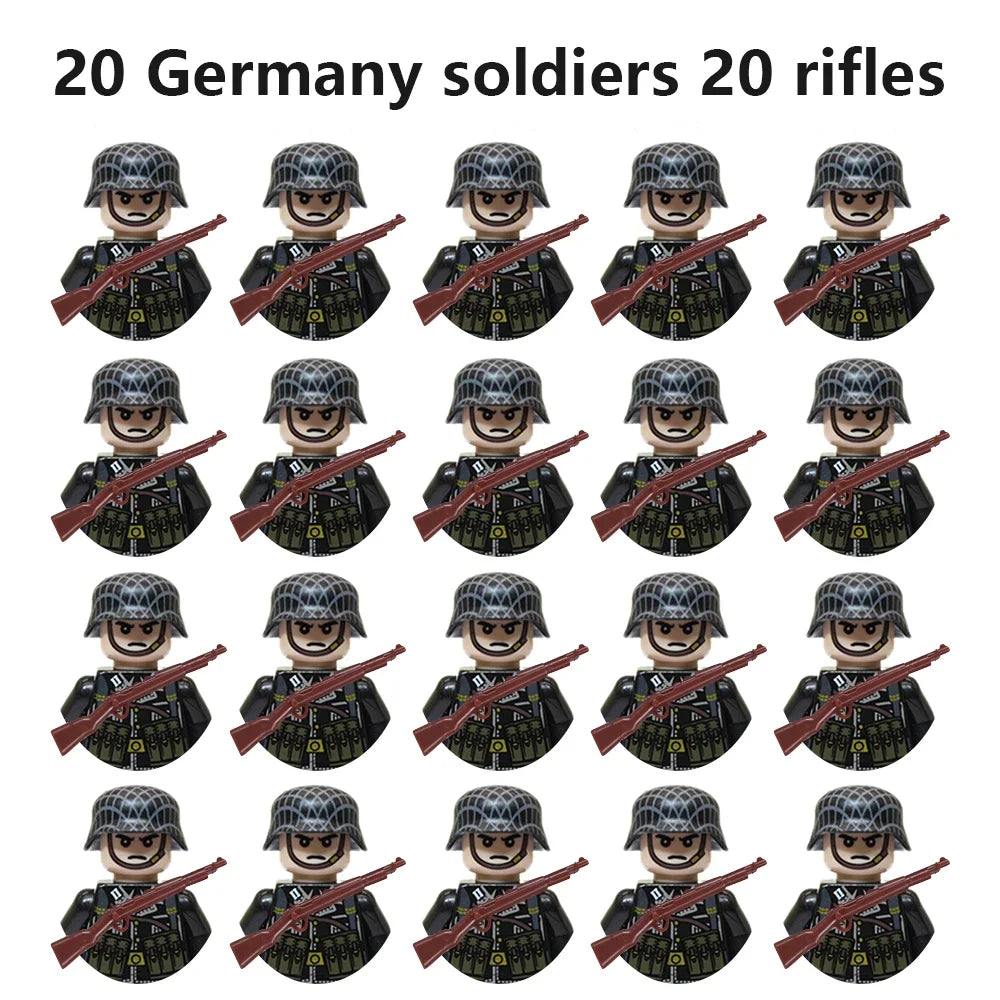 WWII Military Minifigures – 20-Pack Soldiers from Various Nations – Lego Compatible Army Figures with Weapons & Gear