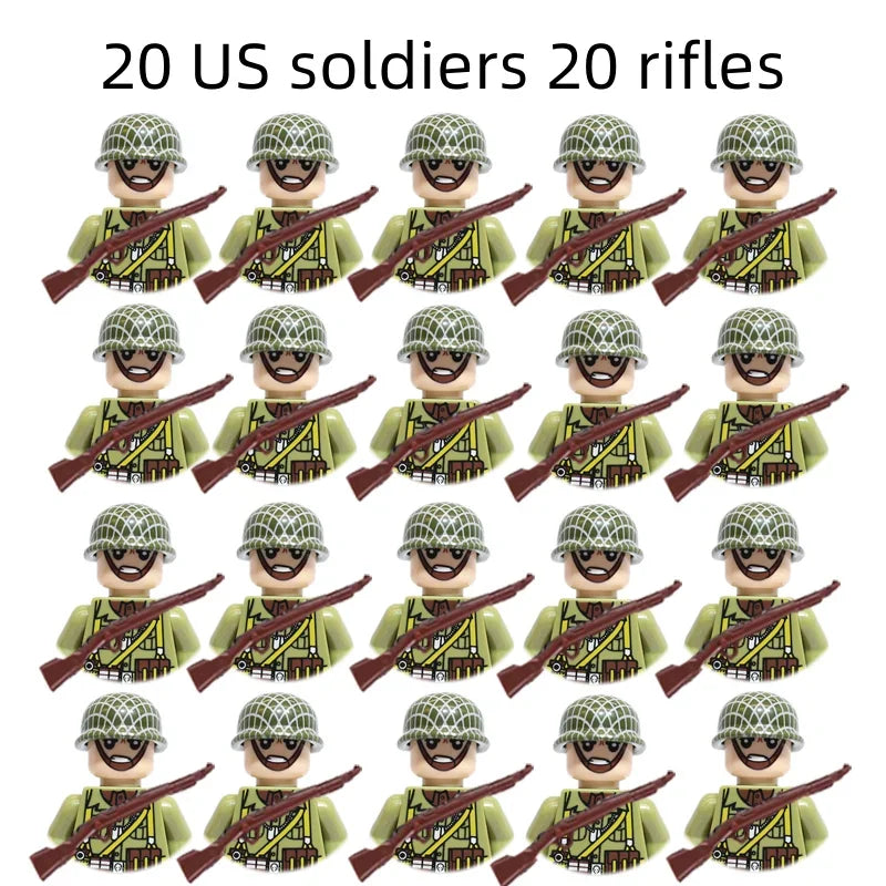 WWII Military Minifigures – 20-Pack Soldiers from Various Nations – Lego Compatible Army Figures with Weapons & Gear