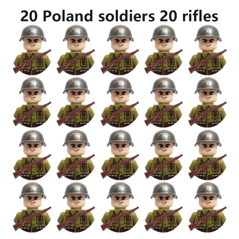 WWII Military Minifigures – 20-Pack Soldiers from Various Nations – Lego Compatible Army Figures with Weapons & Gear