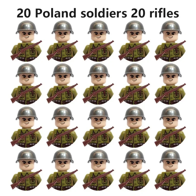 WWII Military Minifigures – 20-Pack Soldiers from Various Nations – Lego Compatible Army Figures with Weapons & Gear