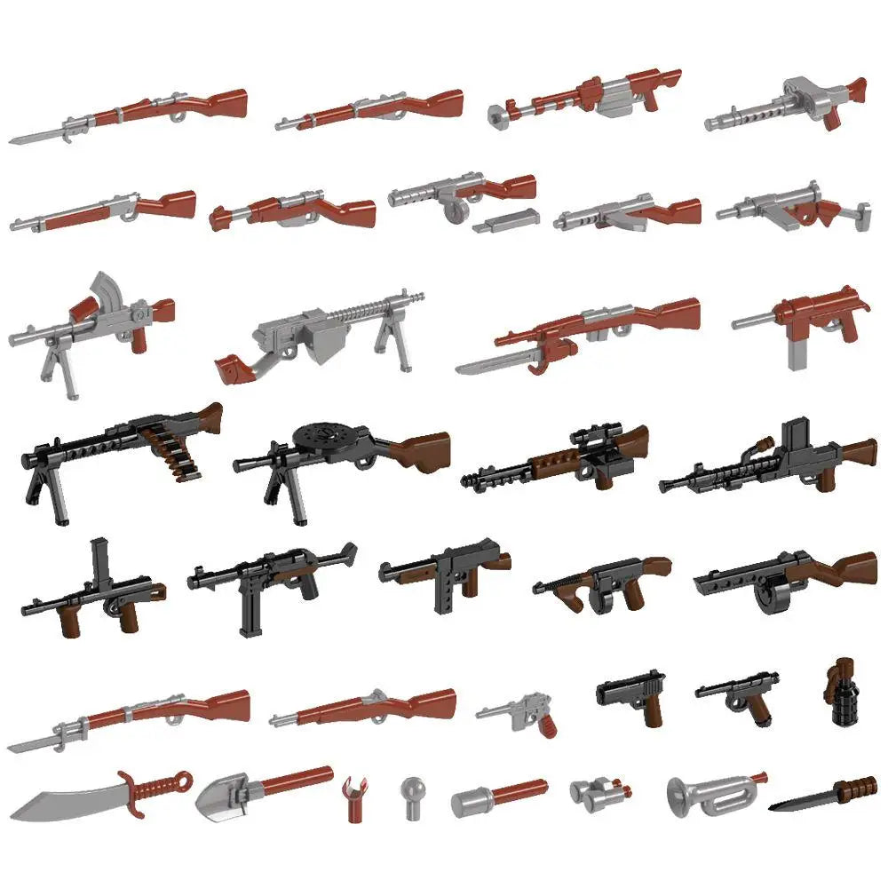 WW2 Soldiers Weapon Building Blocks Set – Two-Color Printed Rifles, Submachine Guns, Sniper Guns – Military Accessories for LEGO® Compatible Bricks – C238