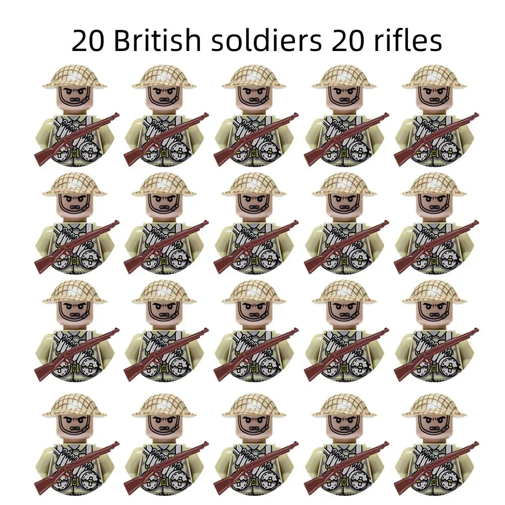WWII Military Minifigures – 20-Pack Soldiers from Various Nations – Lego Compatible Army Figures with Weapons & Gear