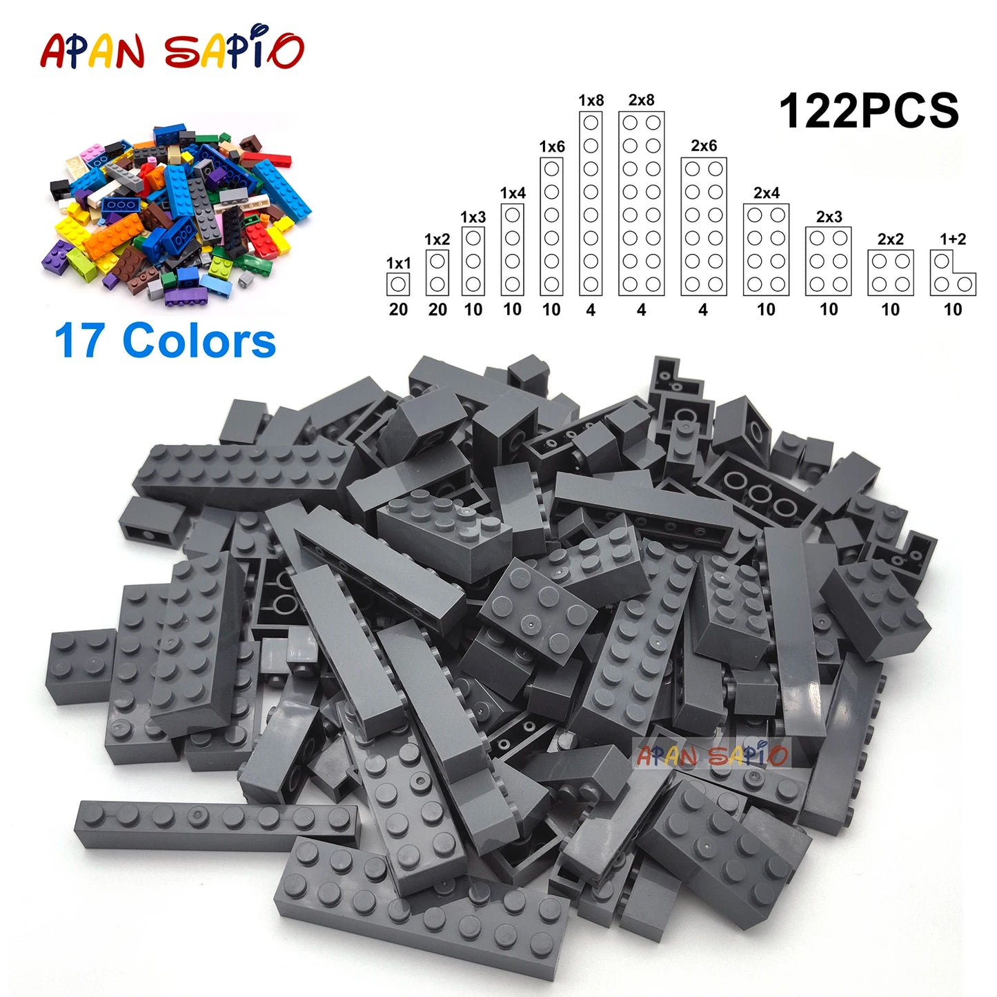 122PCS Thick Figures DIY Building Blocks Set – 12 Size Mixed Bricks, 17 Colors, LEGO® Compatible Educational Plastic Toys for Kids