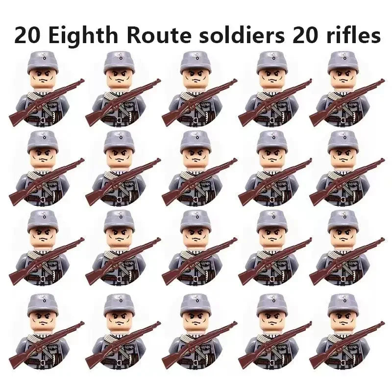 WWII Military Minifigures – 20-Pack Soldiers from Various Nations – Lego Compatible Army Figures with Weapons & Gear
