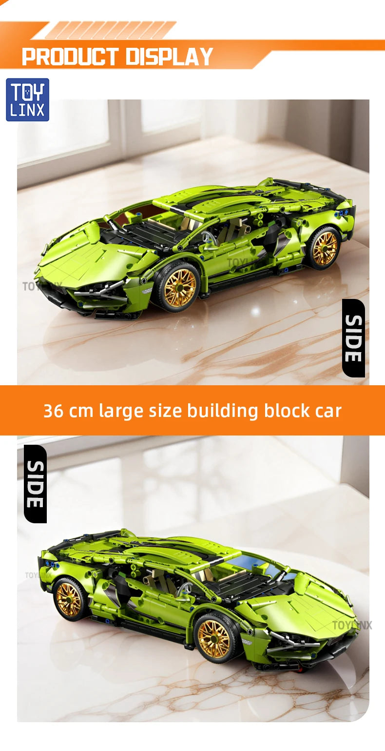 SuperCar Building Blocks | ToylinX Lamborghini & Bugatti Supercar Model | LEGO-Compatible Mechanical DIY Set | RC-Ready Puzzle Bricks Gift