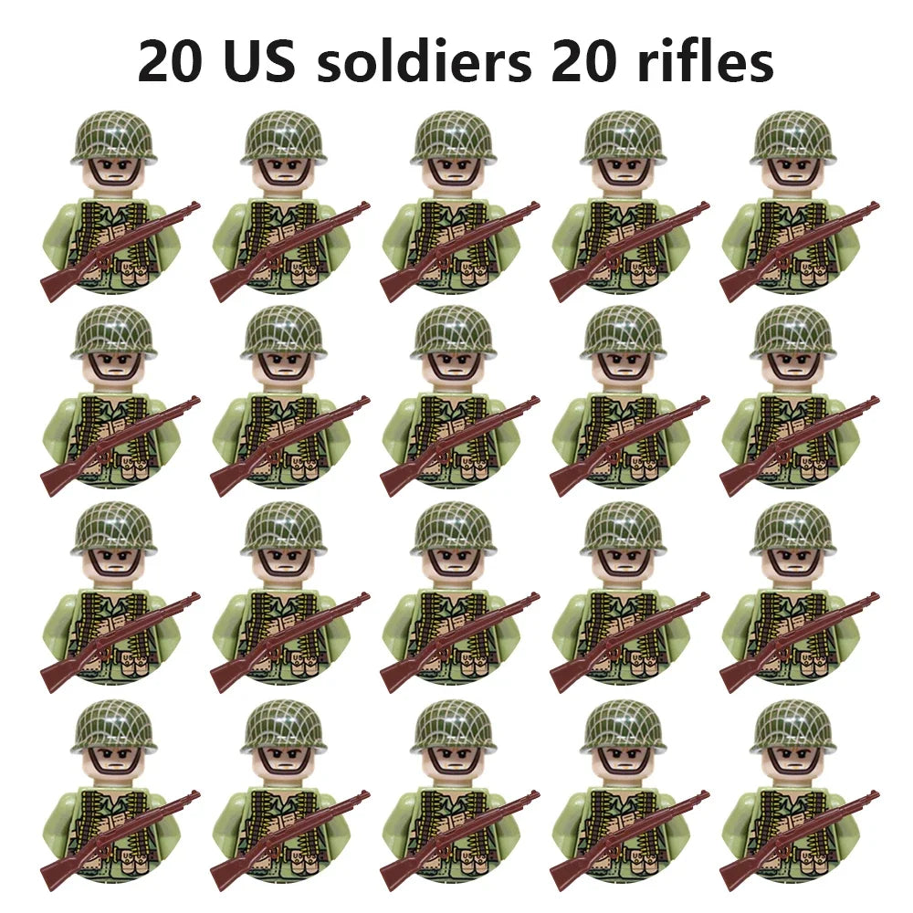 WWII Military Minifigures – 20-Pack Soldiers from Various Nations – Lego Compatible Army Figures with Weapons & Gear