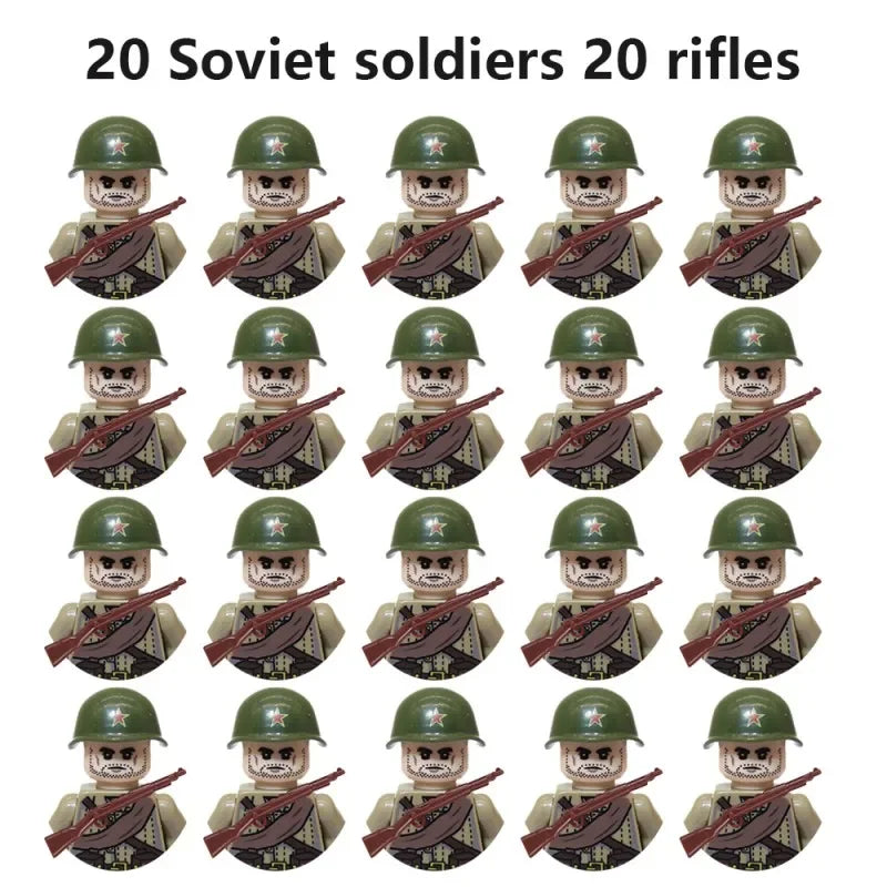 WWII Military Minifigures – 20-Pack Soldiers from Various Nations – Lego Compatible Army Figures with Weapons & Gear