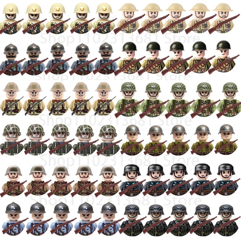WWII Military Minifigures – 20-Pack Soldiers from Various Nations – Lego Compatible Army Figures with Weapons & Gear