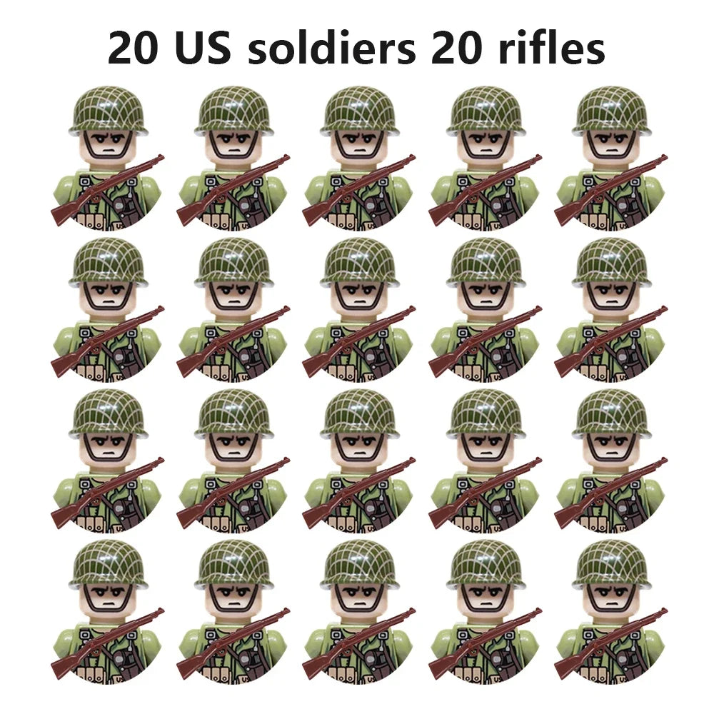 WWII Military Minifigures – 20-Pack Soldiers from Various Nations – Lego Compatible Army Figures with Weapons & Gear