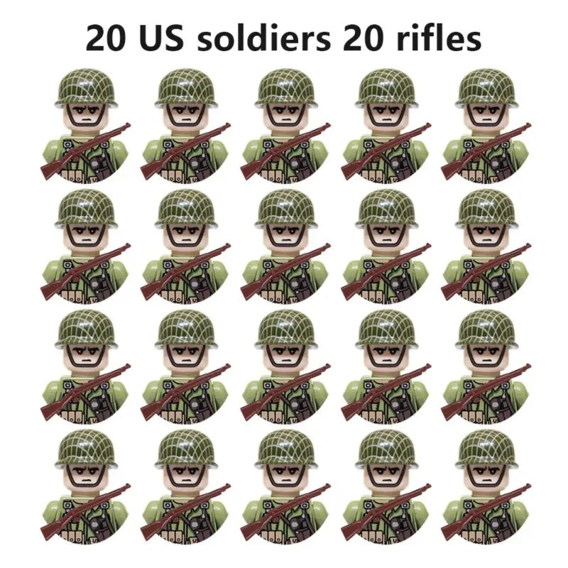 WWII Military Minifigures – 20-Pack Soldiers from Various Nations – Lego Compatible Army Figures with Weapons & Gear