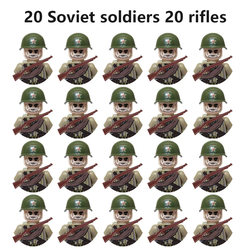 WWII Military Minifigures – 20-Pack Soldiers from Various Nations – Lego Compatible Army Figures with Weapons & Gear
