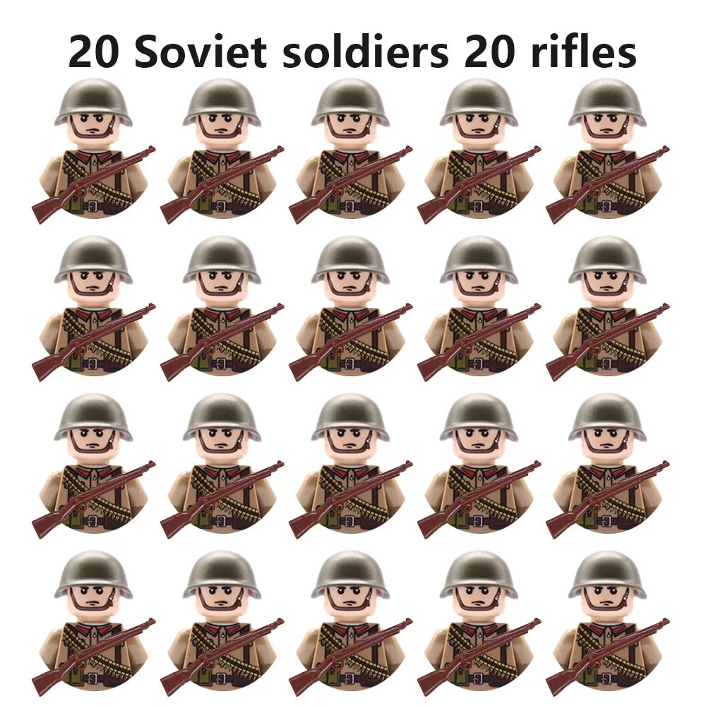 WWII Military Minifigures – 20-Pack Soldiers from Various Nations – Lego Compatible Army Figures with Weapons & Gear