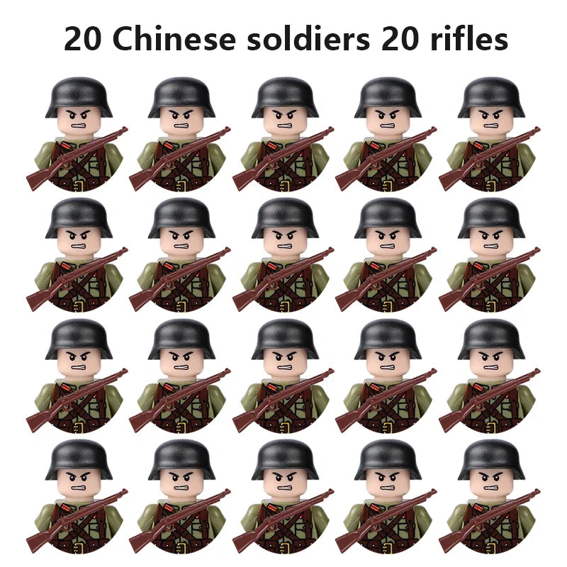 WWII Military Minifigures – 20-Pack Soldiers from Various Nations – Lego Compatible Army Figures with Weapons & Gear