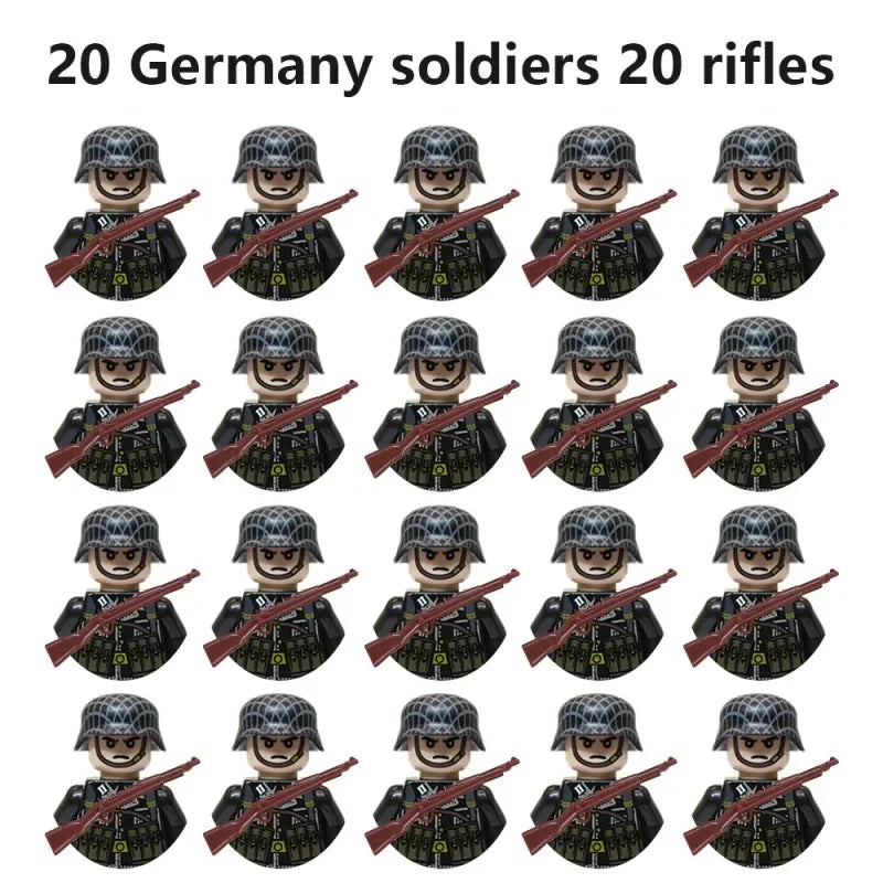WWII Military Minifigures – 20-Pack Soldiers from Various Nations – Lego Compatible Army Figures with Weapons & Gear