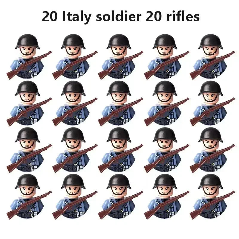 WWII Military Minifigures – 20-Pack Soldiers from Various Nations – Lego Compatible Army Figures with Weapons & Gear