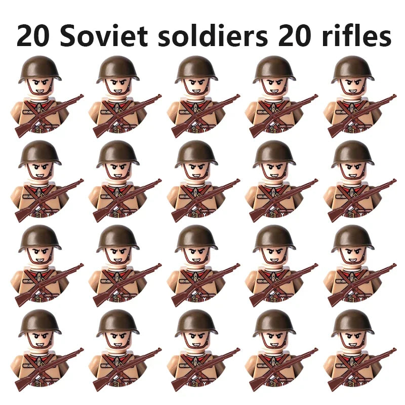 WWII Military Minifigures – 20-Pack Soldiers from Various Nations – Lego Compatible Army Figures with Weapons & Gear