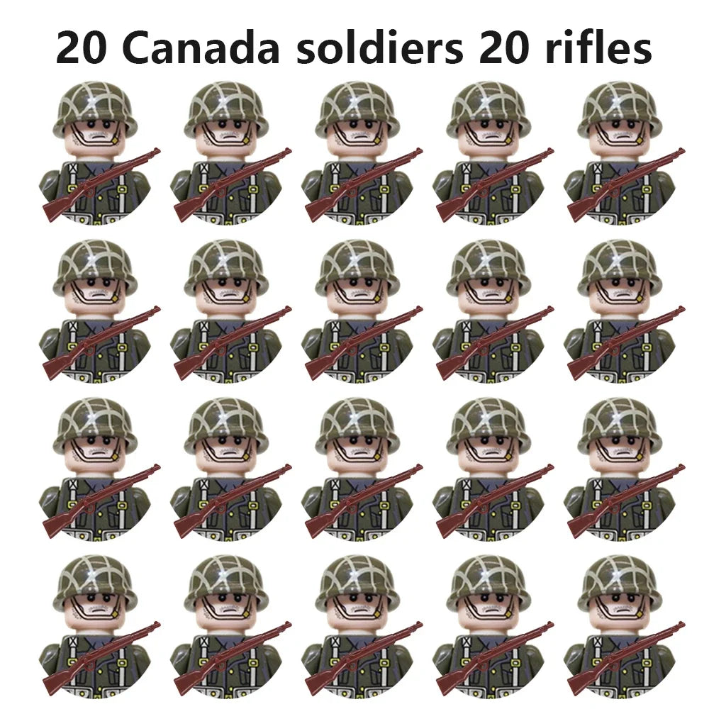 WWII Military Minifigures – 20-Pack Soldiers from Various Nations – Lego Compatible Army Figures with Weapons & Gear
