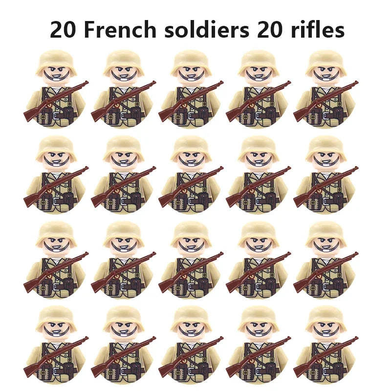 WWII Military Minifigures – 20-Pack Soldiers from Various Nations – Lego Compatible Army Figures with Weapons & Gear