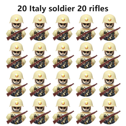WWII Military Minifigures – 20-Pack Soldiers from Various Nations – Lego Compatible Army Figures with Weapons & Gear