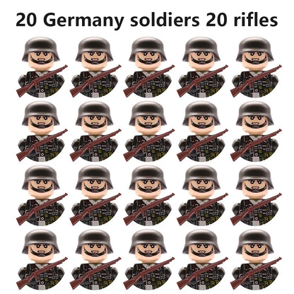 WWII Military Minifigures – 20-Pack Soldiers from Various Nations – Lego Compatible Army Figures with Weapons & Gear