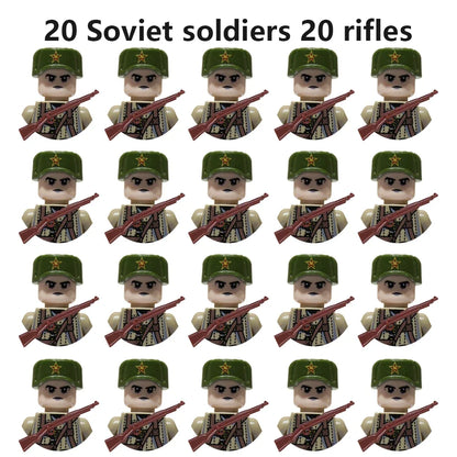 WWII Military Minifigures – 20-Pack Soldiers from Various Nations – Lego Compatible Army Figures with Weapons & Gear