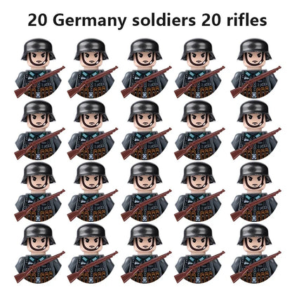 WWII Military Minifigures – 20-Pack Soldiers from Various Nations – Lego Compatible Army Figures with Weapons & Gear