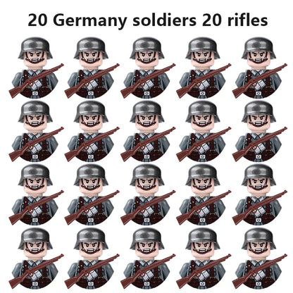 WWII Military Minifigures – 20-Pack Soldiers from Various Nations – Lego Compatible Army Figures with Weapons & Gear