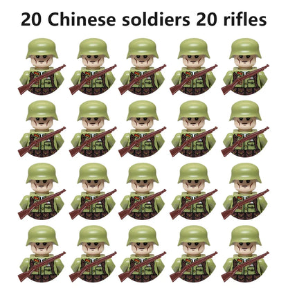 WWII Military Minifigures – 20-Pack Soldiers from Various Nations – Lego Compatible Army Figures with Weapons & Gear