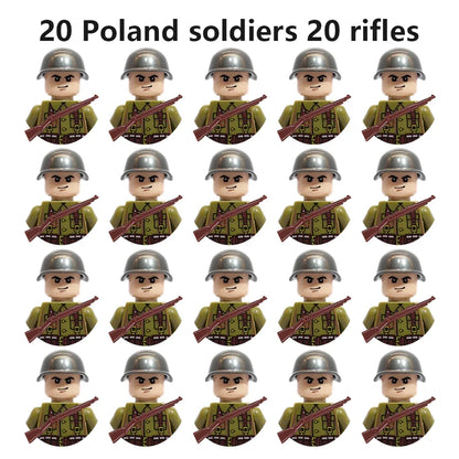WWII Military Minifigures – 20-Pack Soldiers from Various Nations – Lego Compatible Army Figures with Weapons & Gear