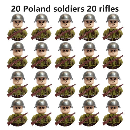 WWII Military Minifigures – 20-Pack Soldiers from Various Nations – Lego Compatible Army Figures with Weapons & Gear