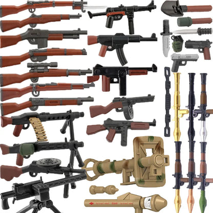 WW2 Soldiers Weapon Building Blocks Set – Two-Color Printed Rifles, Submachine Guns, Sniper Guns – Military Accessories for LEGO® Compatible Bricks – C238