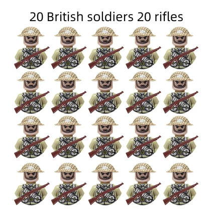 WWII Military Minifigures – 20-Pack Soldiers from Various Nations – Lego Compatible Army Figures with Weapons & Gear