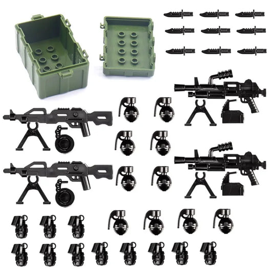 34PCS MOC Military Weapons Set – Army Gun Accessories & Equipment Pack for Mini Figures, LEGO® Compatible Building Blocks